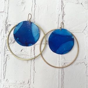 Anthropologie Sibilia Gold Patina Blue Painted Boho Statement Hoop Earring
